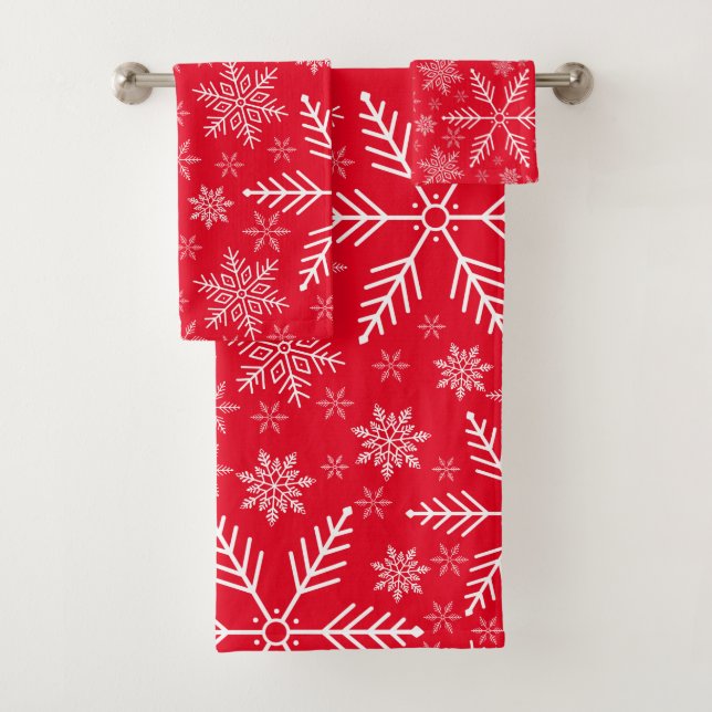 Elegant Red Aqua White Winter Snowflake  Bath Towel Set (Insitu)