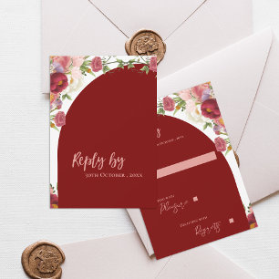 Elegant Red Arch Blush Peach Florals Wedding  RSVP Card