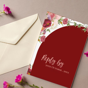 Elegant Red Arch Blush Peach Florals Wedding  RSVP Card