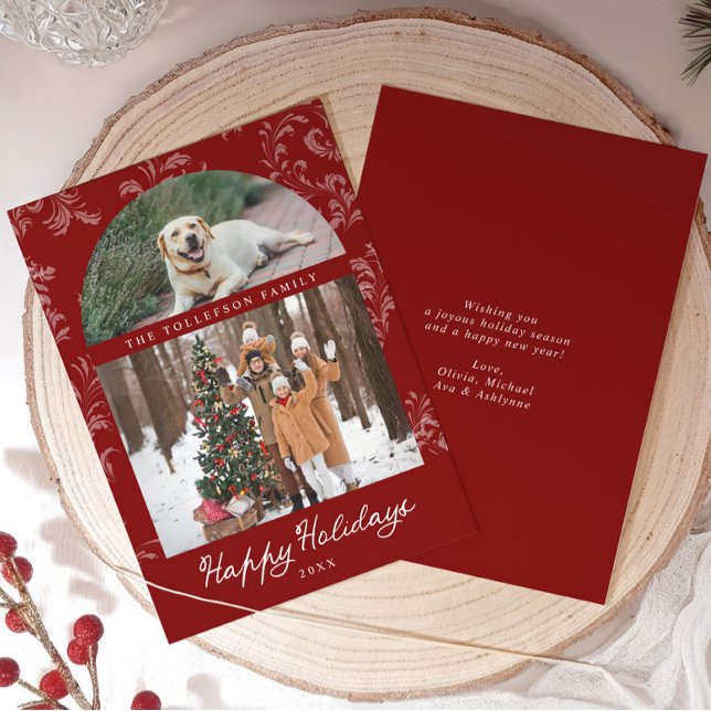Elegant Red Arch Family Photo Christmas Holiday Card (Elegant red and white vintage arch photo Christmas Cards with room for pet photo and message on back)
