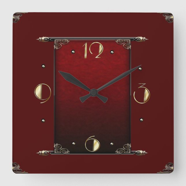 Elegant Red Art Deco Square Wall Clock (Front)