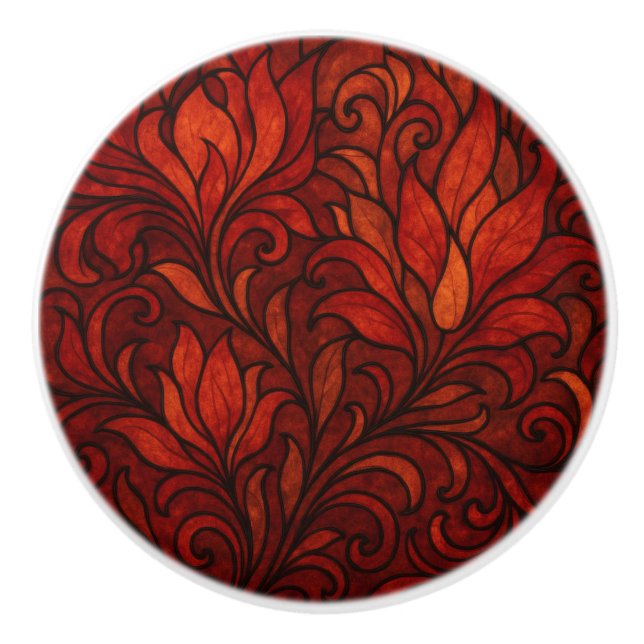 Elegant Red Art Nouveau Floral Ceramic Knob (Front)