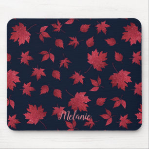 Elegant Red Autumn Leaves on Black Personalised Mouse Mat