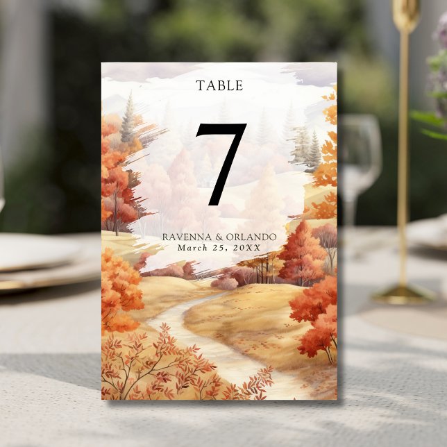 Elegant Red Autumn River Forest Fall Wedding Table Number (Creator Uploaded)