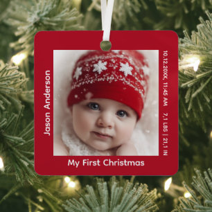 Elegant Red Baby’s First Christmas Photo Memory Metal Tree Decoration