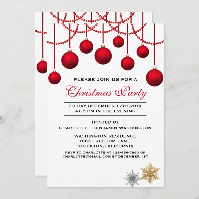 Elegant Red Bauble Christmas Party Invitation (Front/Back)