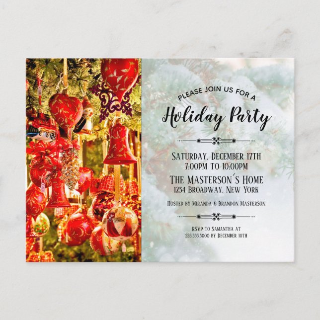 Elegant Red Baubles and Bells Holiday Party Invitation Postcard (Front)