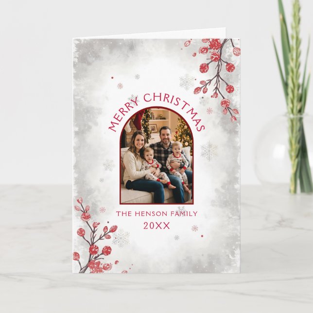Elegant Red Berries Family Photo Christmas  Holiday Card (Front)