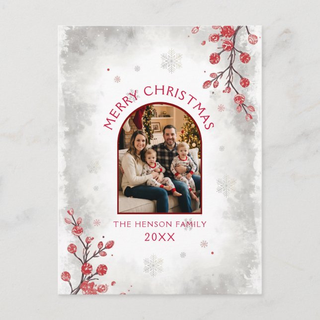 Elegant Red Berries Family Photo Christmas  Holiday Postcard (Front)