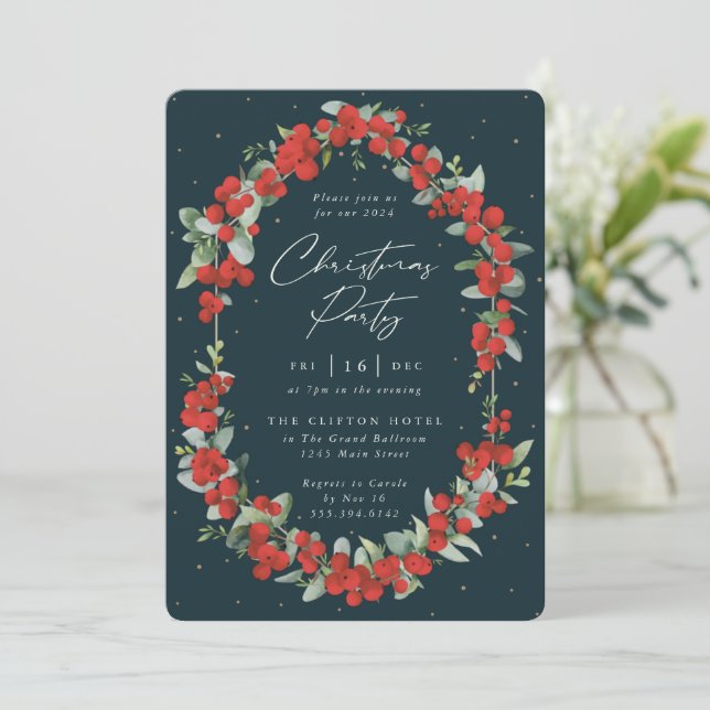 Elegant Red Berry + Eucalyptus Christmas Party Invitation (Standing Front)