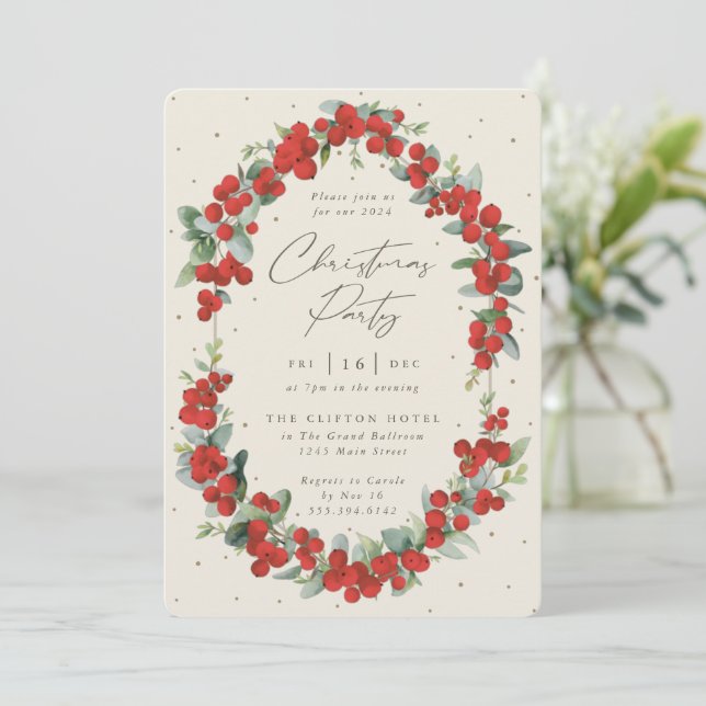 Elegant Red Berry + Eucalyptus Christmas Party Invitation (Standing Front)