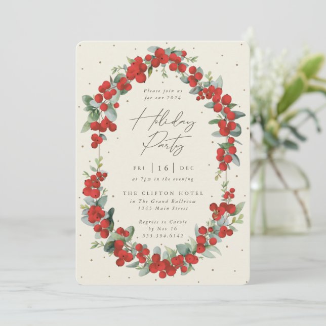 Elegant Red Berry + Eucalyptus Holiday Party Invitation (Standing Front)