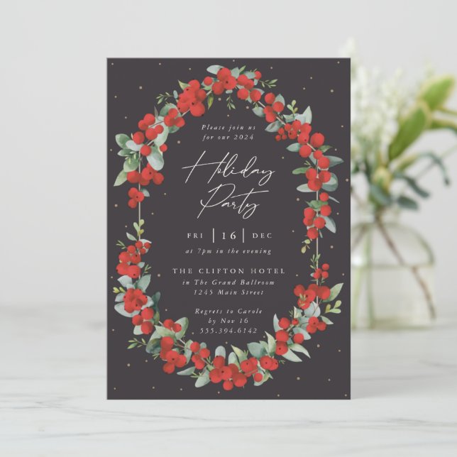 Elegant Red Berry + Eucalyptus Holiday Party Invitation (Standing Front)