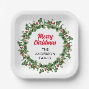 Elegant Red Berry Family Christmas Paper Plate