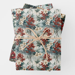 Elegant Red Berry & Flowers Botanical Christmas Wrapping Paper Sheet
