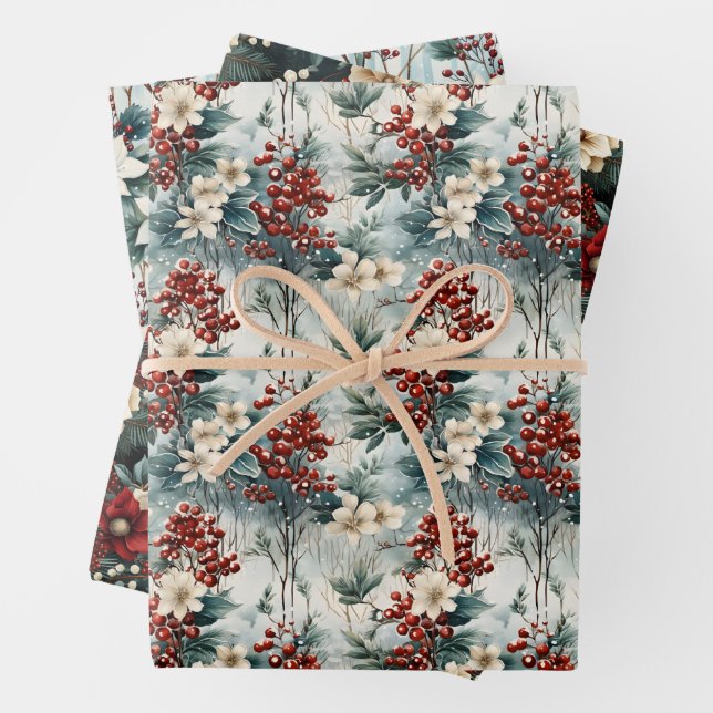 Elegant Red Berry & Flowers Botanical Christmas Wrapping Paper Sheet (In situ)
