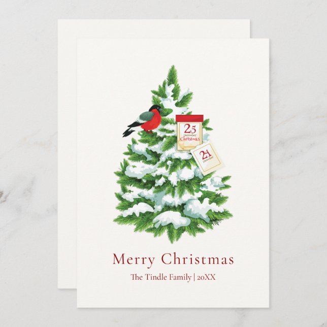 Elegant Red Bird Script Watercolor Christmas Tree Holiday Card (Front/Back)