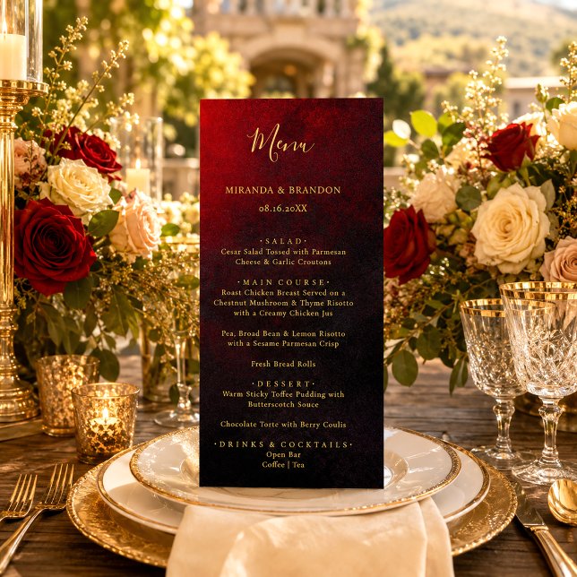 Elegant Red Black and Gold Calligraphy Wedding Menu (Creator Uploaded)
