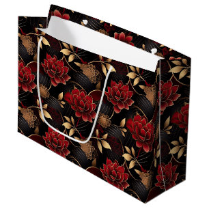 Elegant Red, Black and Gold Floral Marble Pattern Large Gift Bag