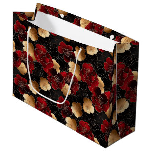 Elegant Red, Black and Gold Floral Marble Pattern Large Gift Bag