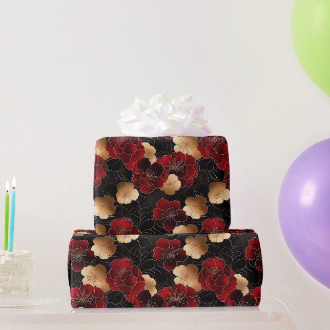 Elegant Red, Black and Gold Floral Marble Pattern Wrapping Paper (Party Gifts)