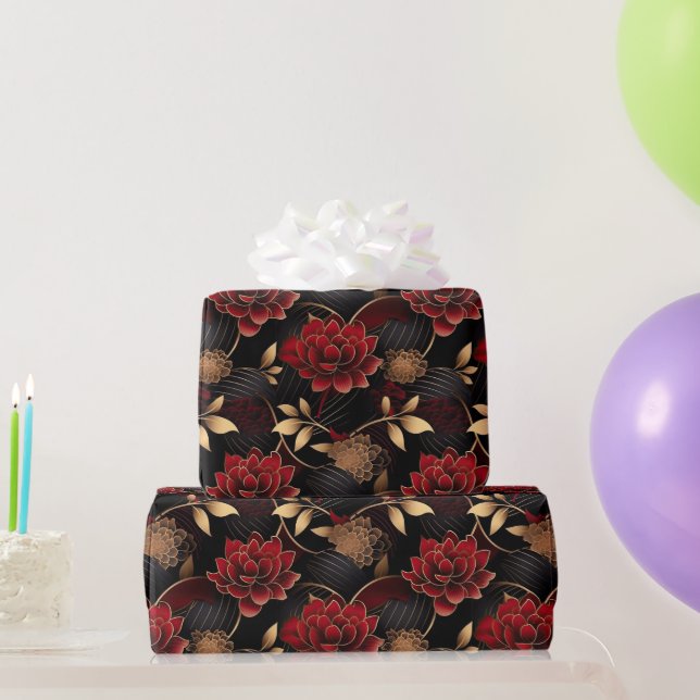 Elegant Red, Black and Gold Floral Marble Pattern Wrapping Paper (Party Gifts)