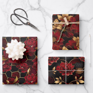 Elegant Red, Black and Gold Floral Marble Patterns Wrapping Paper Sheet