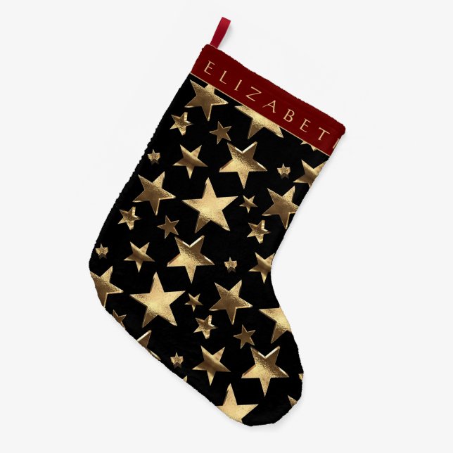Elegant Red Black and Gold Stars Pattern with Name Large Christmas Stocking (Front (Hanging))