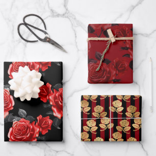 Elegant Red, Black and Gold Vintage Rose Patterns Wrapping Paper Sheet