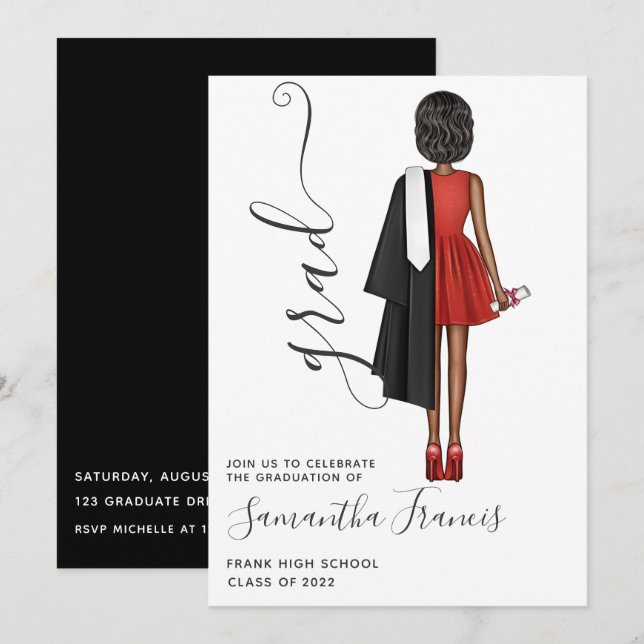 Elegant Red, Black and White Girl Graduation Party Invitation (Front/Back)