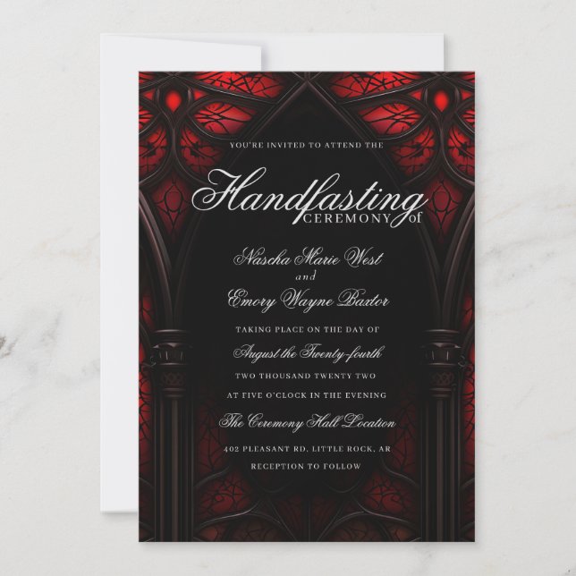 Elegant Red & Black Cathedral Gothic Handfasting Invitation (Front)