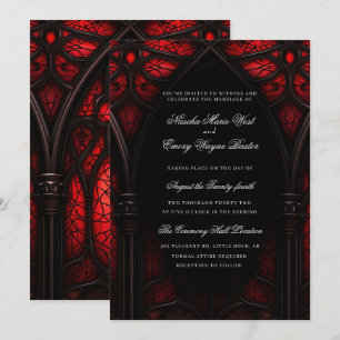 Elegant Red & Black Cathedral Gothic Wedding Invitation