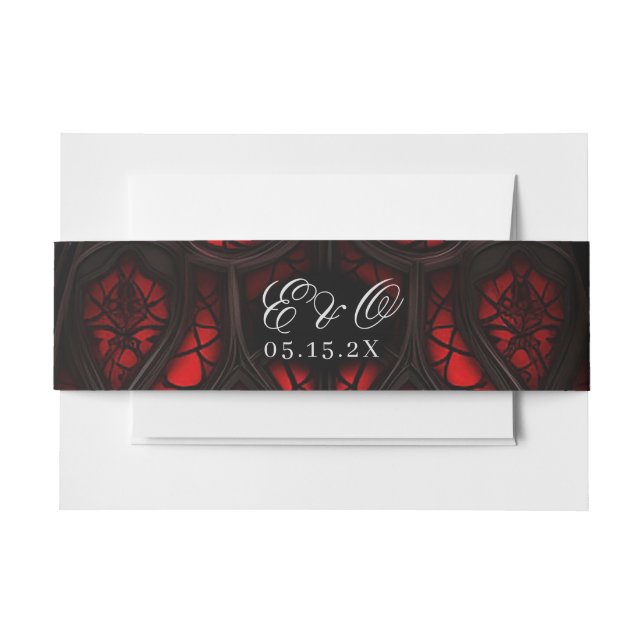 Elegant Red & Black Cathedral Gothic Wedding Invitation Belly Band (Front Example)