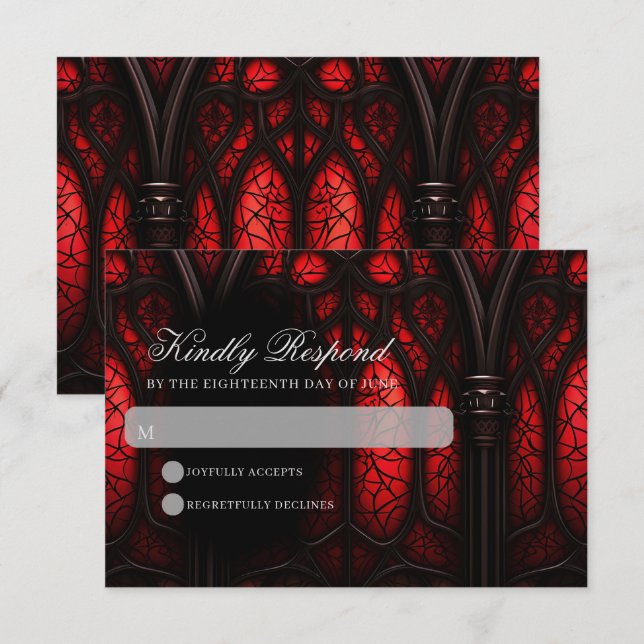 Elegant Red & Black Cathedral Gothic Wedding RSVP Card (Front/Back)