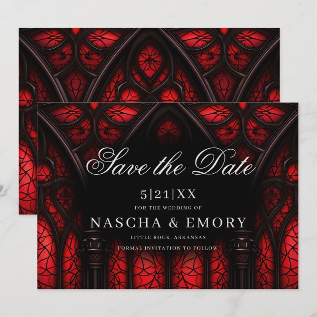 Elegant Red & Black Cathedral Gothic Wedding Save The Date (Front/Back)