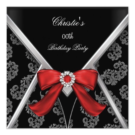 Elegant Red Black Damask Bow Birthday Party Card