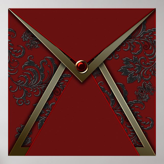 Elegant Red Black Damask Gold Event Poster (Front)