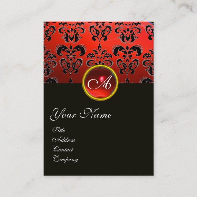 ELEGANT RED BLACK DAMASK RUBY GEMSTONE MONOGRAM BUSINESS CARD (Front)