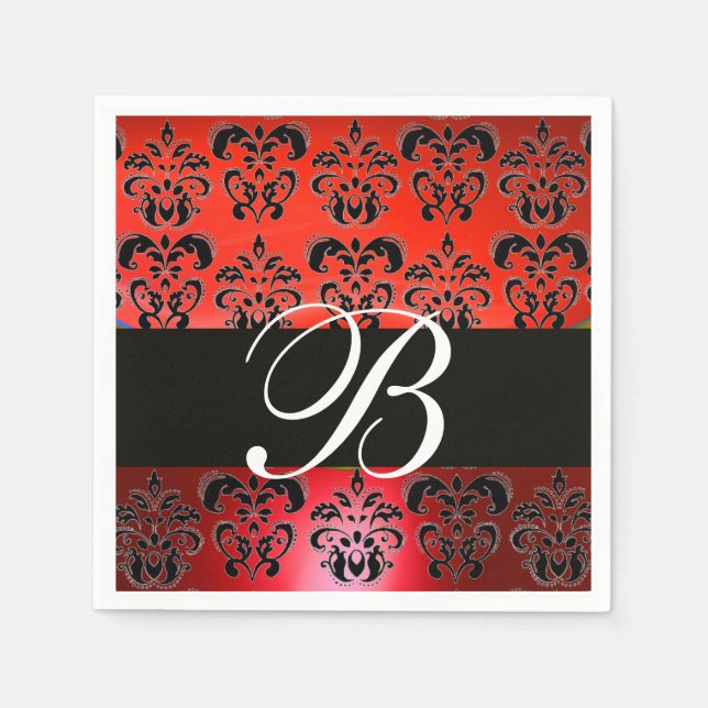 ELEGANT RED BLACK DAMASK WEDDING MONOGRAM  NAPKIN (Front)