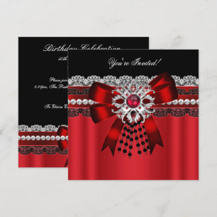 Elegant Red Black Diamond Silver Lace Party 2 Invitation