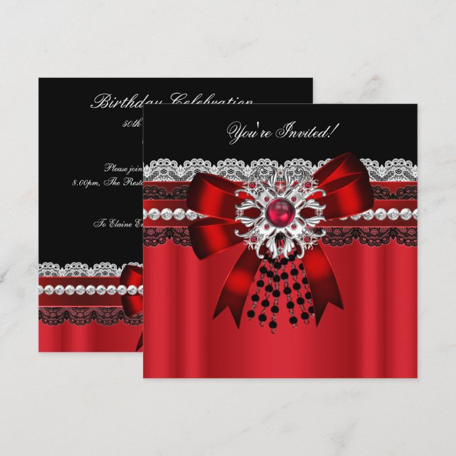 Elegant Red Black Diamond Silver Lace Party 2 Invitation (Front/Back)