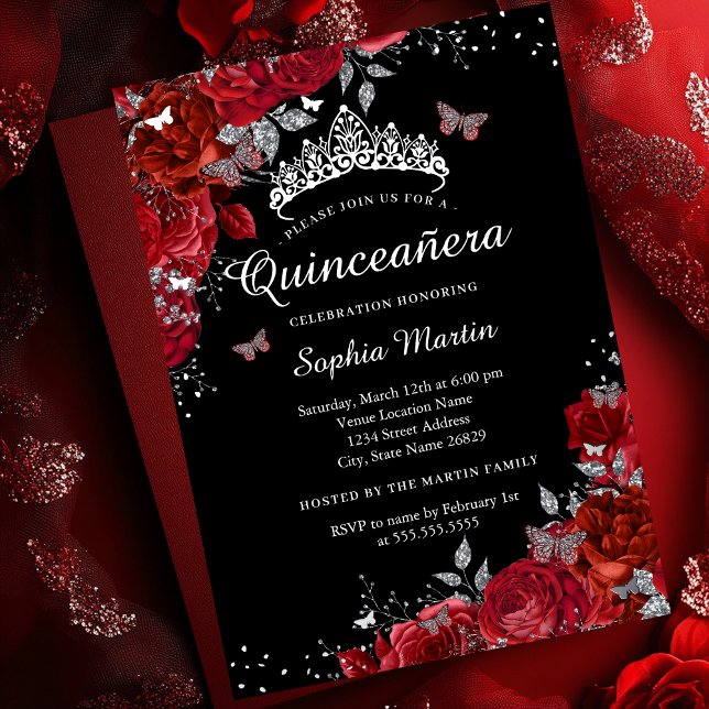 Elegant Red Black Floral Butterfly Quinceanera  (Creator Uploaded)