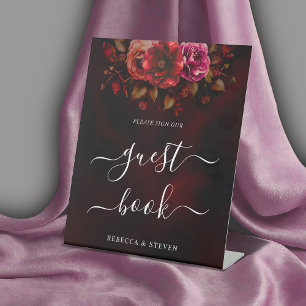 Elegant red black floral Wedding moody chic  Pedestal Sign