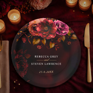 Elegant red black floral Wedding moody romantic  Paper Plate