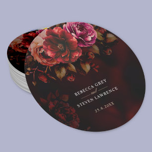 Elegant red black floral Wedding moody romantic Round Paper Coaster