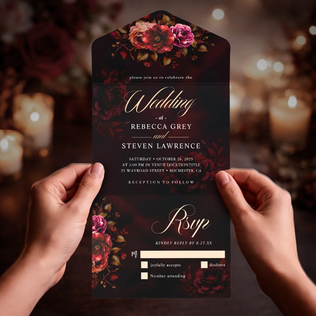 Elegant red black floral wedding romantic moody all in one invitation (Creator Uploaded)