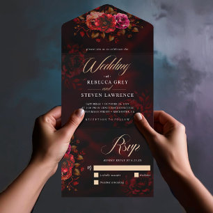 Elegant red black floral wedding romantic moody all in one invitation