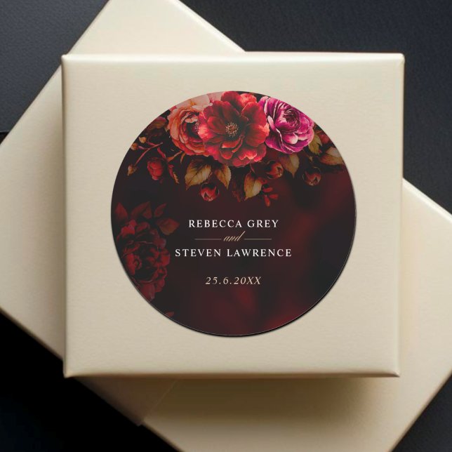 Elegant red black floral Wedding romantic moody Classic Round Sticker (Creator Uploaded)