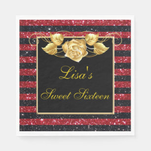 Elegant Red Black Glitter Gold Rose Sweet 16 Napkin