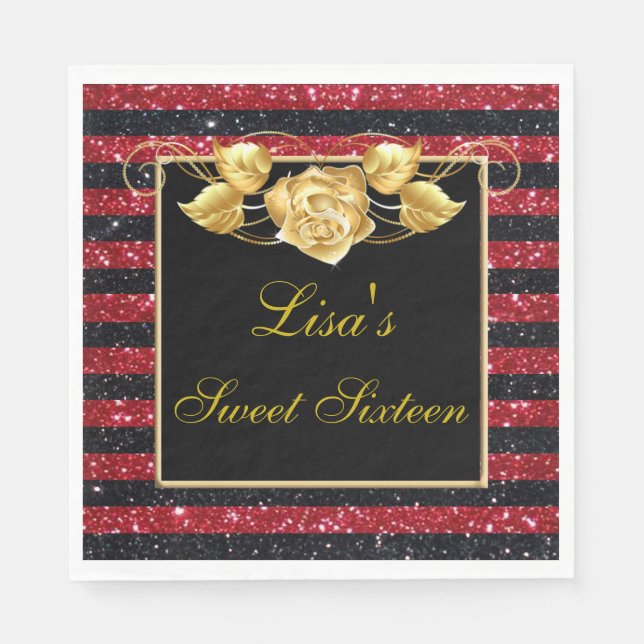 Elegant Red Black Glitter Gold Rose Sweet 16 Napkin (Front)